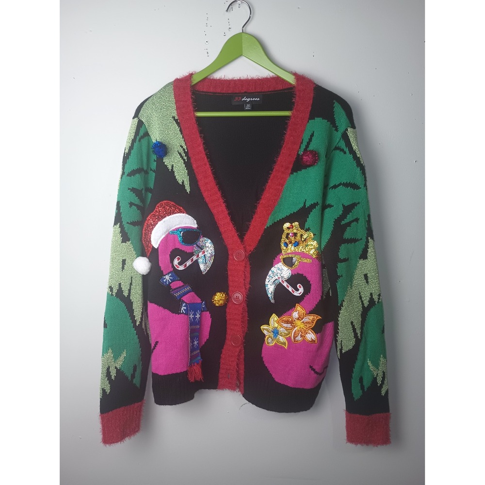 33 Degrees Flamingo Ugly Christmas Sweater Cardigan XL Black Pink Sequin ABW38